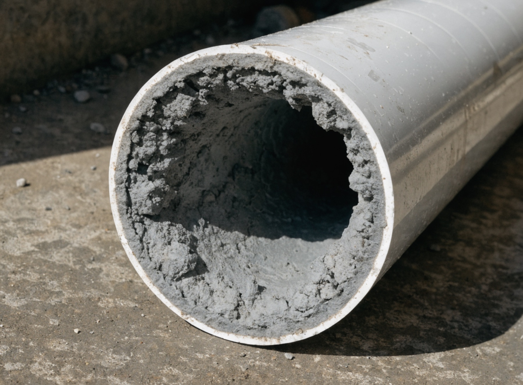 A cut section of PVC drainpipe showing heavy grease and fat buildup narrowing the bore