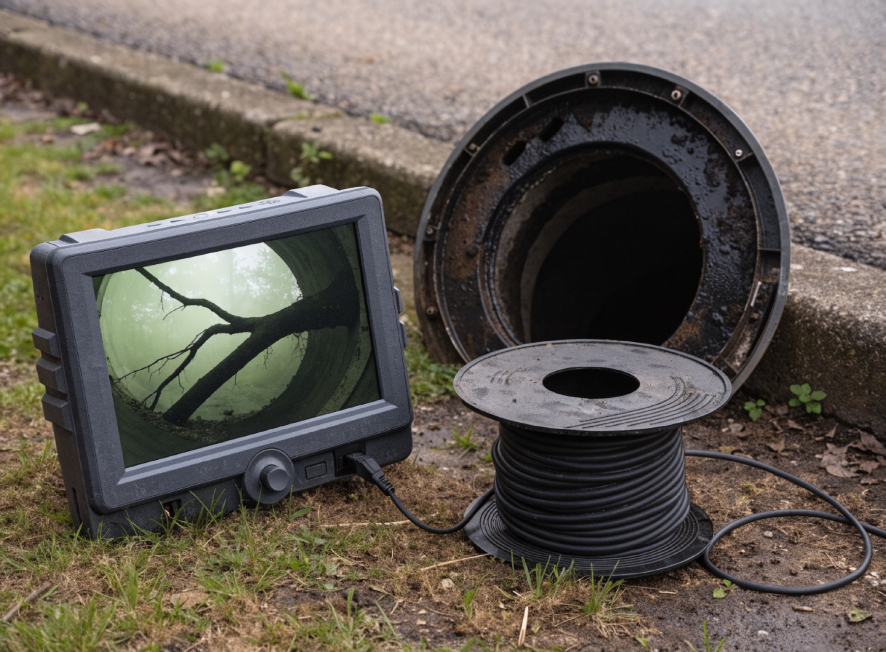 A drain camera monitor showing the inside of a sewer pipe with root intrusion