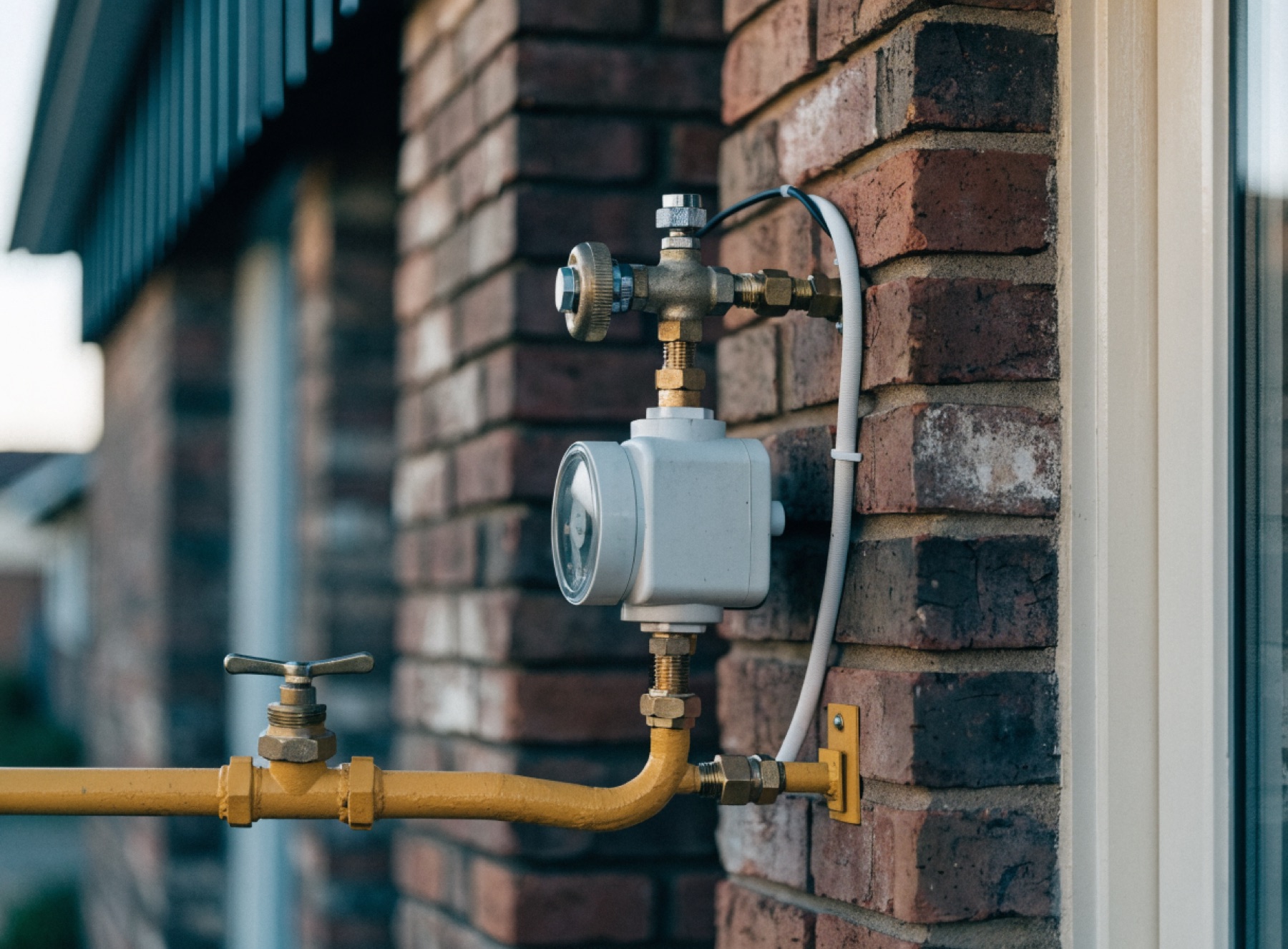 A residential gas meter and regulator on the brick wall of an Australian home