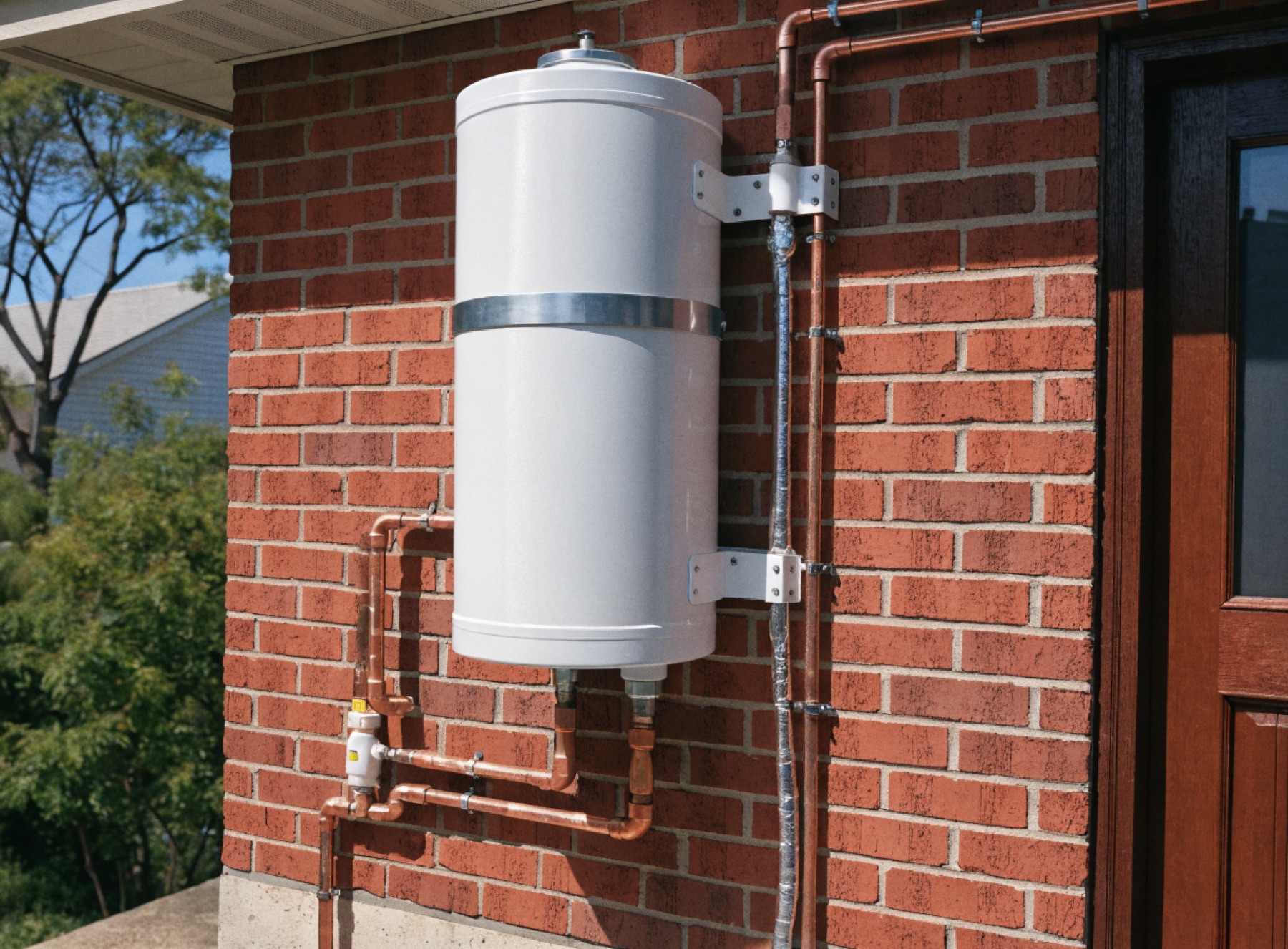 A newly installed white hot water cylinder against a brick wall with neat copper pipework