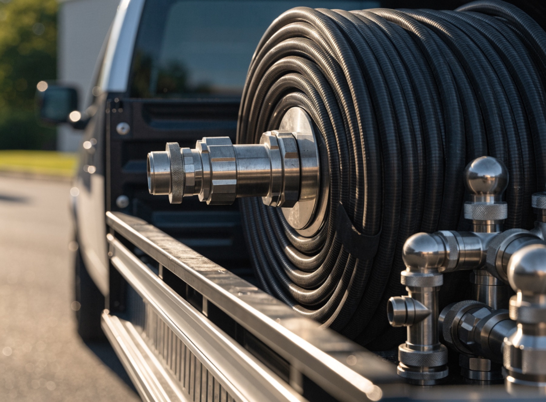 A high pressure water jetter hose reel mounted in a plumbing service truck