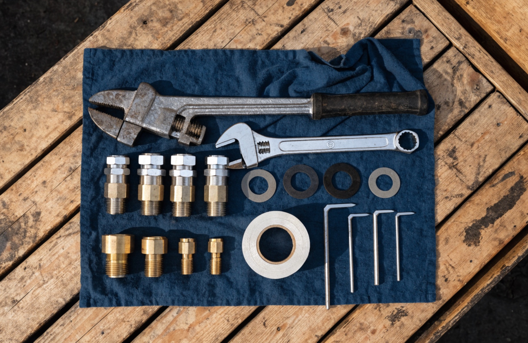 Plumbing tools and brass fittings laid out on a timber truck tray